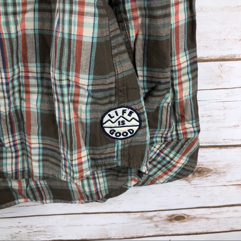 Life Is Good brown plaid hi low button up hood top - Picture 6 of 8